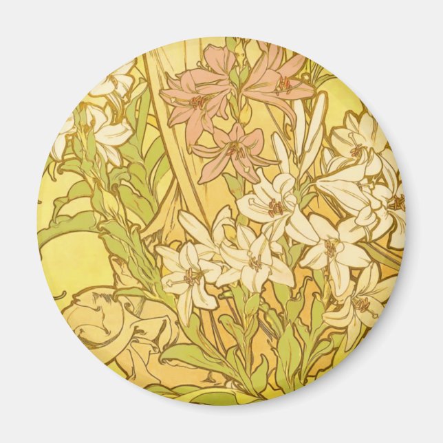 Alfonse Mucha Art Nouveau liljor blommor Magnet (Framsidan)