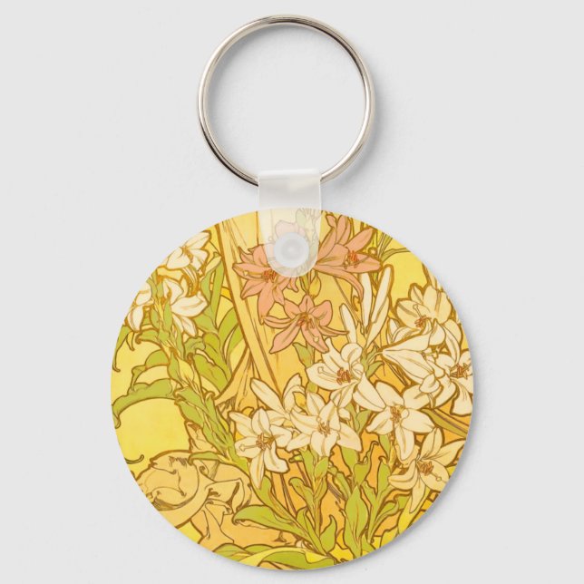 Alfonse Mucha Art Nouveau liljor blommor Nyckelring (Framsida)