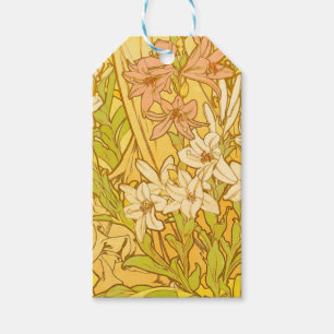 Alfonse Mucha Art Nouveau liljor blommor Presentetikett