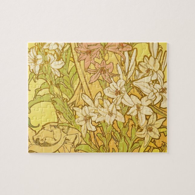 Alfonse Mucha Art Nouveau liljor blommor Pussel (Horisontell)