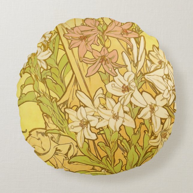 Alfonse Mucha Art Nouveau liljor blommor Rund Kudde (Framsidan)