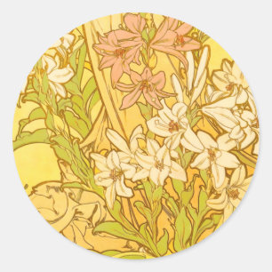 Alfonse Mucha Art Nouveau liljor blommor Runt Klistermärke