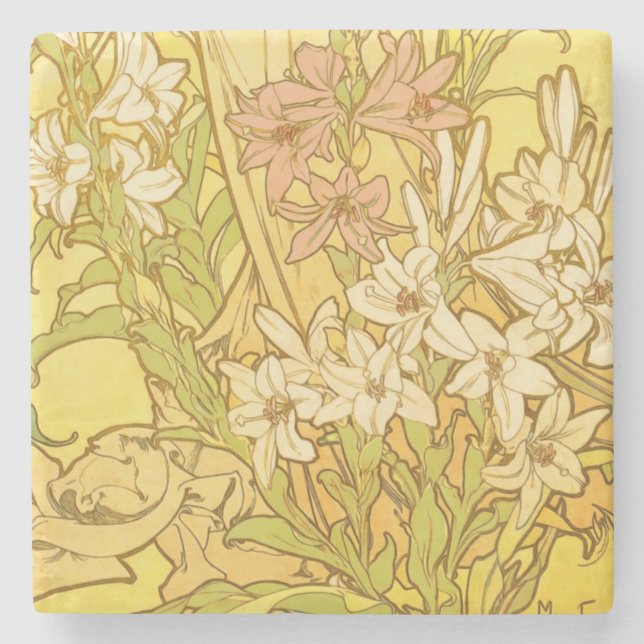 Alfonse Mucha Art Nouveau liljor blommor Stenunderlägg (Framsidan)