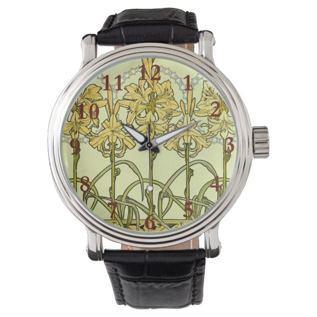 Alfonse Mucha Art nouveau Lily Blommönster Armbandsur (Framsida)