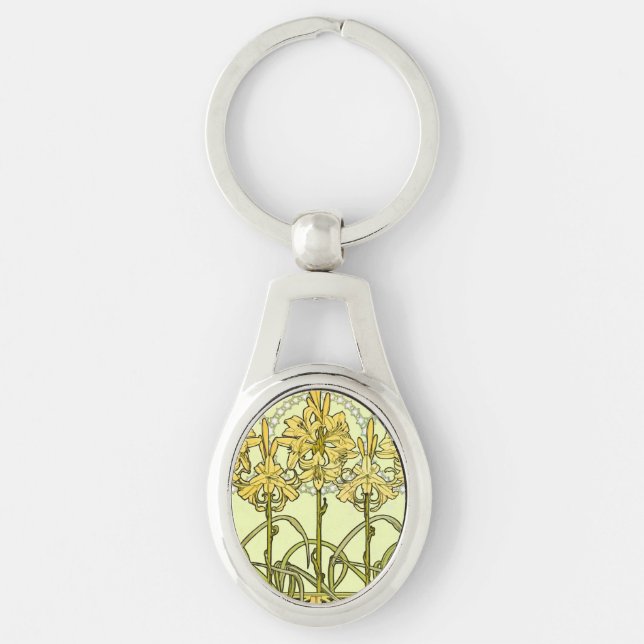 Alfonse Mucha Art nouveau Lily Blommönster Ovalt Silverfärgad Nyckelring (Framsidan)