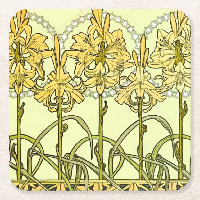 Alfonse Mucha Art nouveau Lily Blommönster Underlägg Papper Kvadrat (Framsidan)