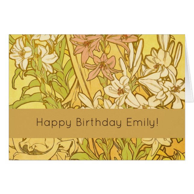 Alfonse Mucha Art nouveau lily blommor Hälsningskort (Framsidan Horizontal)