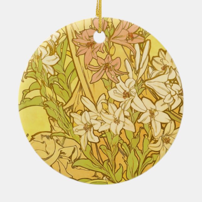 Alfonse Mucha Art nouveau lily blommor Julgransprydnad Keramik (Baksidan)