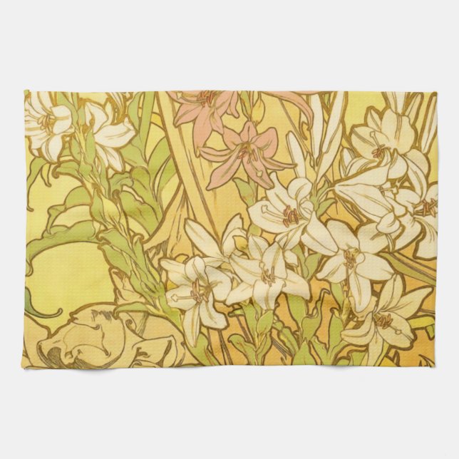 Alfonse Mucha Art nouveau lily blommor Kökshandduk (Horisontell)