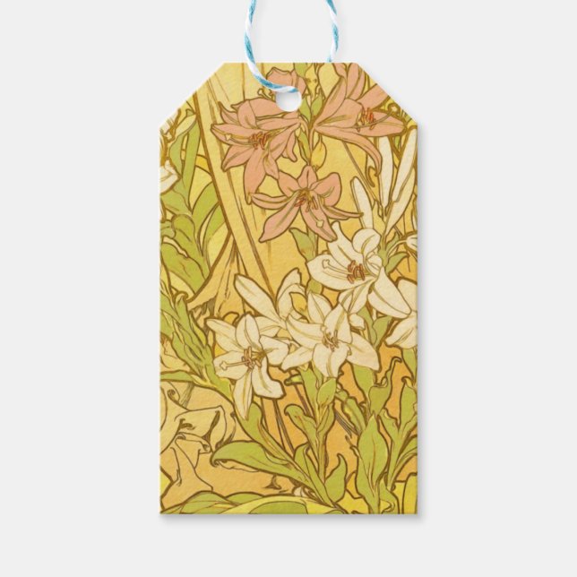 Alfonse Mucha Art nouveau lily blommor Presentetikett (Framsidan)