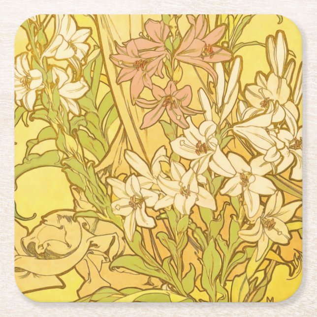 Alfonse Mucha Art nouveau lily blommor Underlägg Papper Kvadrat (Framsidan)