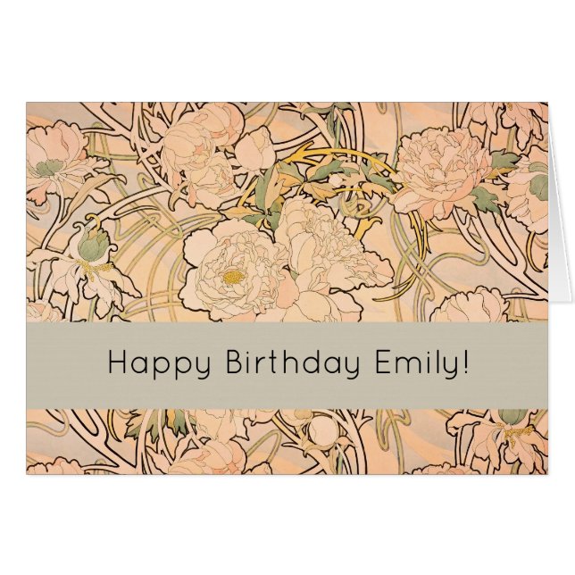 Alfonse Mucha Art nouveau Peonies Hälsningskort (Framsidan Horizontal)