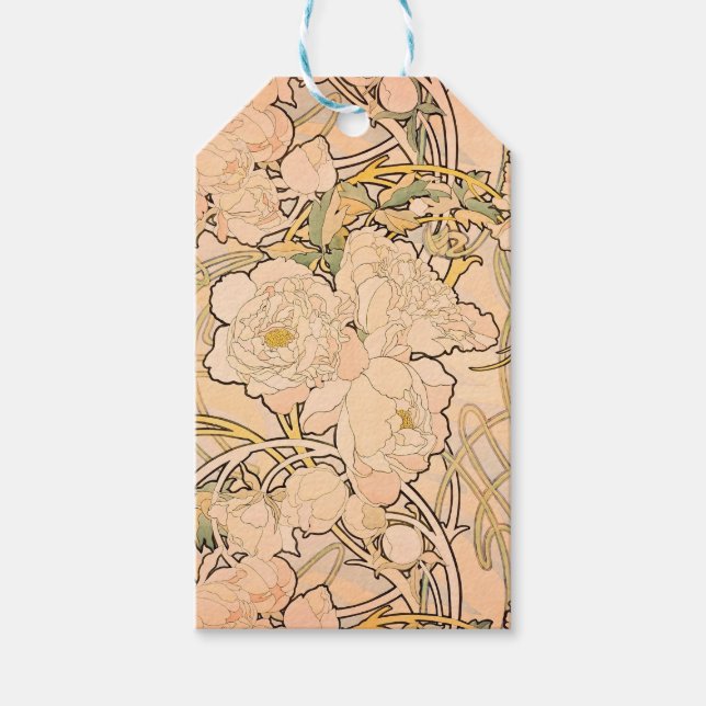 Alfonse Mucha Art nouveau Peonies Presentetikett (Framsidan)