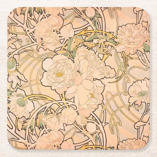 Alfonse Mucha Art nouveau Peonies Underlägg Papper Kvadrat (Framsidan)