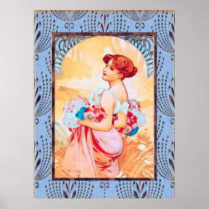 Alfonse Mucha Dam med blommor Poster