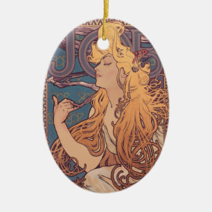 Alfonse Mucha Jobbkvinna Art nouveau Julgransprydnad Keramik