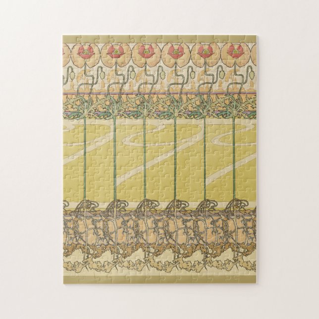Alfonse Mucha Poppies Art Nouveau Floral Wallpaper Pussel (Vertikal)