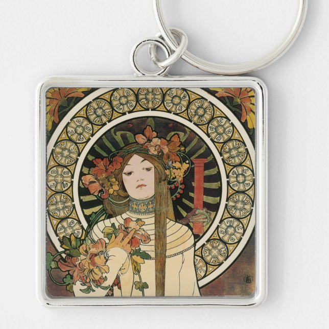 Alfonse Mucha Trappistine Nouveau Fyrkantig Silverfärgad Nyckelring (Framsidan)