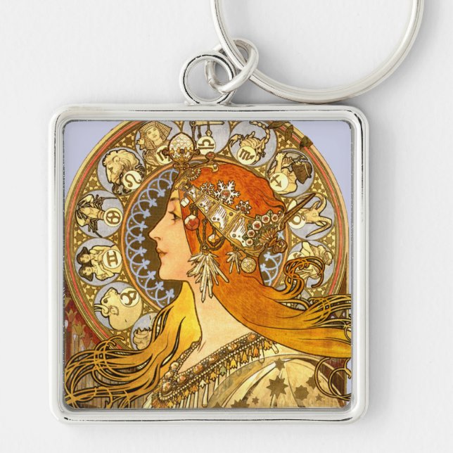 Alfonse Mucha Zodiac Art nouveau Woman Fyrkantig Silverfärgad Nyckelring (Framsidan)