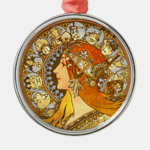 Alfonse Mucha Zodiac Art nouveau Woman Julgransprydnad Metall