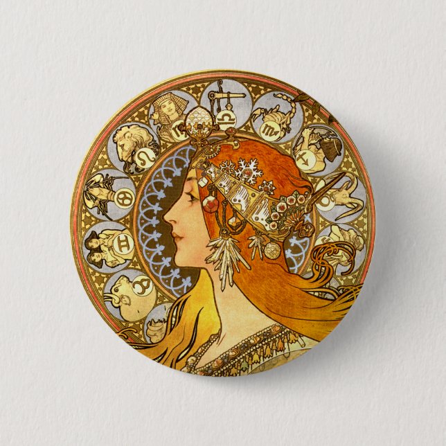 Alfonse Mucha Zodiac Art nouveau Woman Knapp (Framsida)