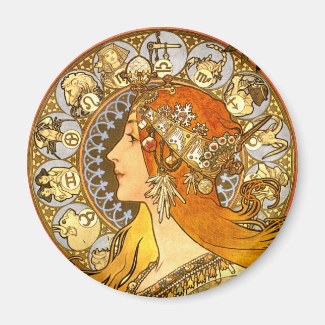 Alfonse Mucha Zodiac Art nouveau Woman Magnet (Framsidan)