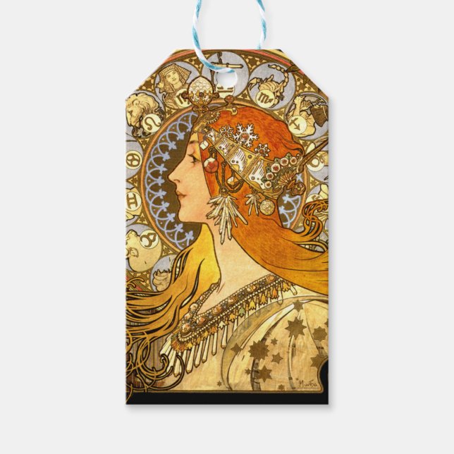 Alfonse Mucha Zodiac Art nouveau Woman Presentetikett (Framsidan)