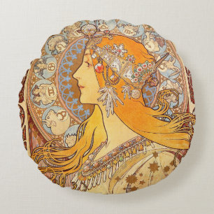 Alfonse Mucha Zodiac Art nouveau Woman Rund Kudde
