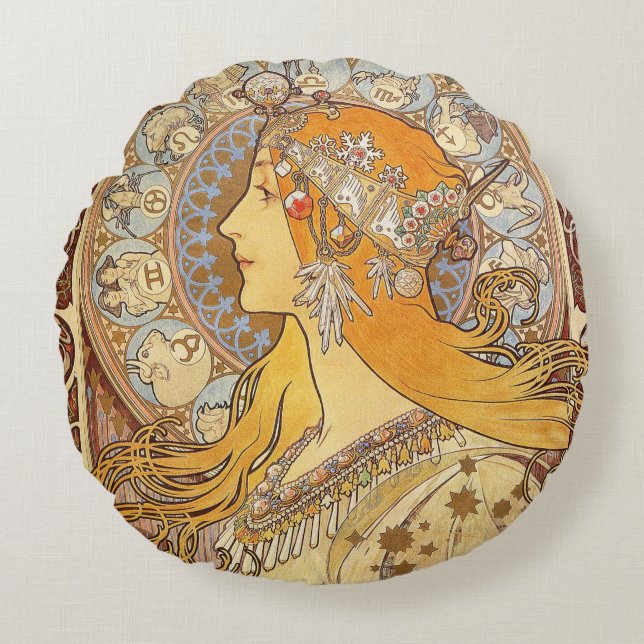 Alfonse Mucha Zodiac Art nouveau Woman Rund Kudde (Framsidan)