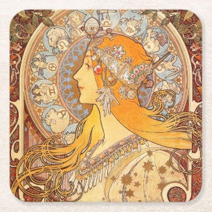 Alfonse Mucha Zodiac Art nouveau Woman Underlägg Papper Kvadrat