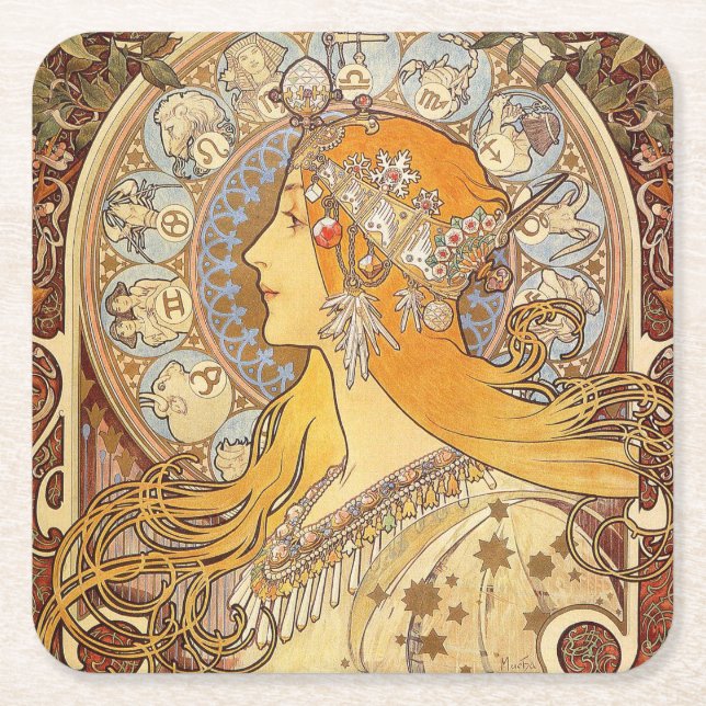 Alfonse Mucha Zodiac Art nouveau Woman Underlägg Papper Kvadrat (Framsidan)
