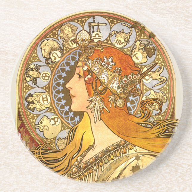 Alfonse Mucha Zodiac Art nouveau Woman Underlägg Sandsten (Framsidan)