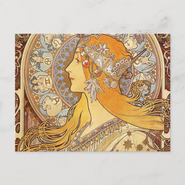 Alfonse Mucha Zodiac Art nouveau Woman Vykort (Framsida)