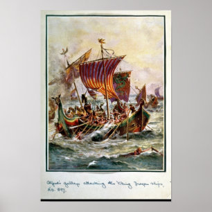 Alfred galär som anfaller den Viking draken Poster