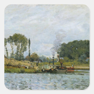 Alfred Sisley   Båtar vid låset vid Bougival Fyrkantigt Klistermärke