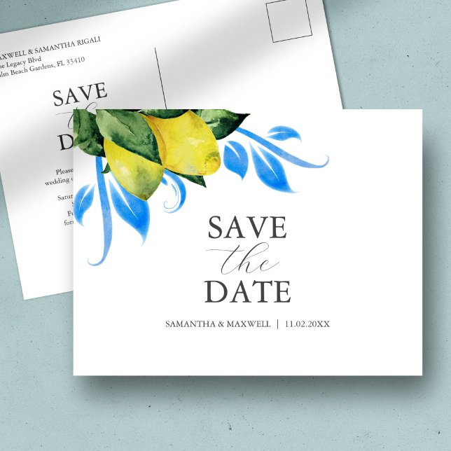 Alfresco Bröllop tema Spara datum Vykort (Destination weddings save the date postcards watercolor blue and yellow lemon citrus DoTellABelle)
