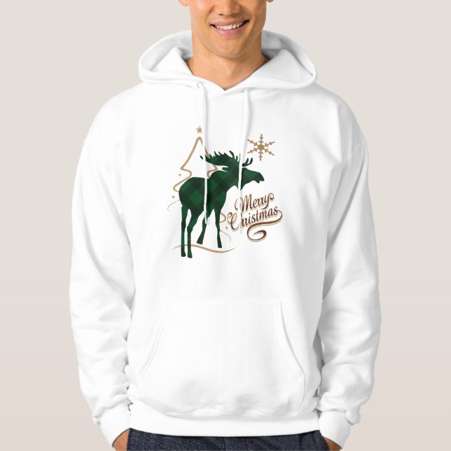 Älg för pläd för grönt för god jullandstil hoodie (Framsida)