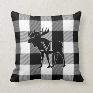 Älg för vit för buffelkontrollsvart Monogramm Kudde
