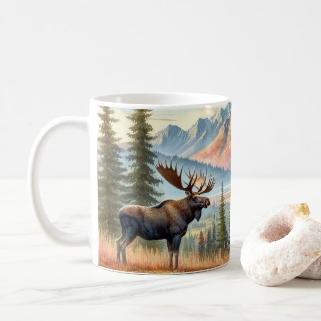 Älg i höstlandskap med berg kaffemugg (Med munk)