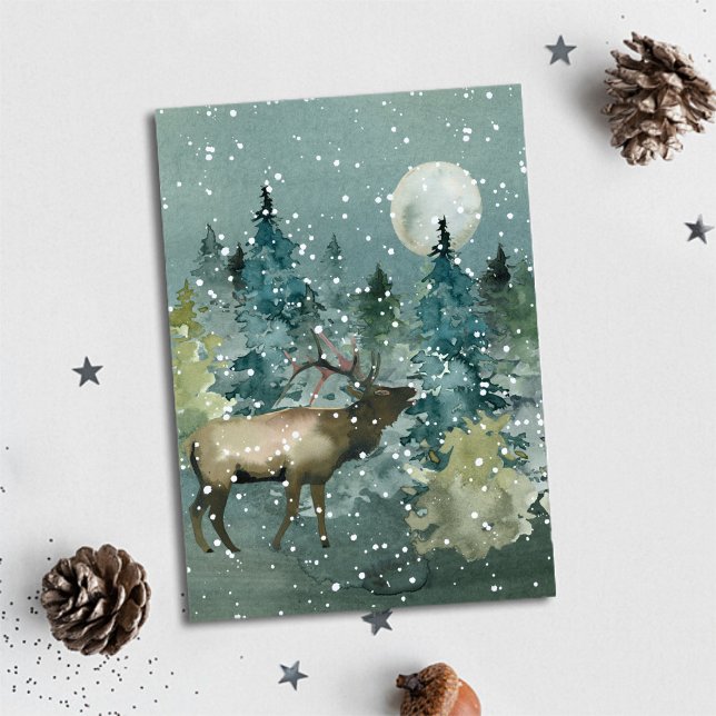 Älg i skog fullmåne snöfall akvarell julkort (Elk in Forest Full Moon Snowfall Watercolor Holiday Card)