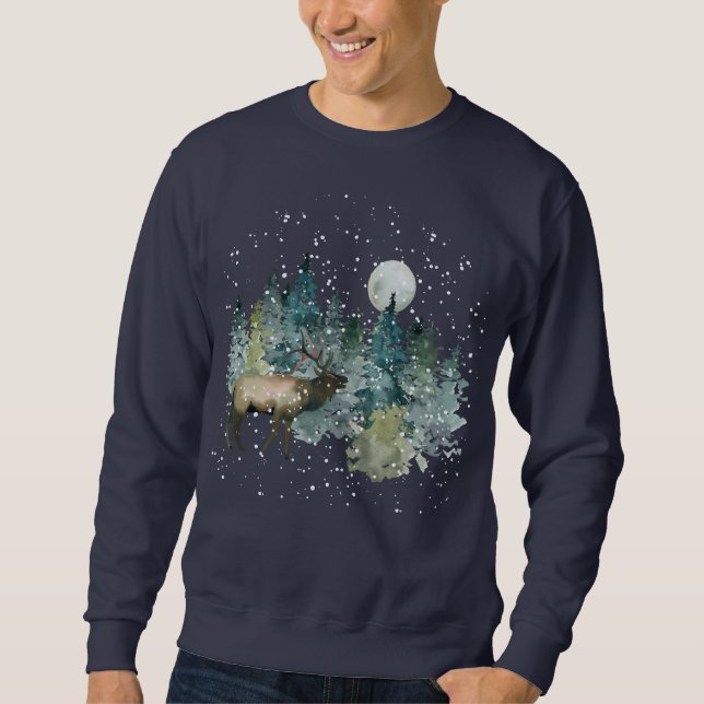 Älg i skog fullmåne snöfall semester lång ärmad tröja (Framsida)