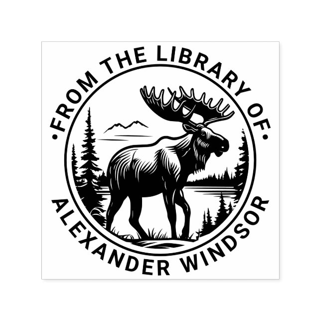 Älg i skogslandskap bibliotek boknamn #2 självfärgande stämpel (Design)