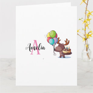 Älg med ballong och tårta Rosa monogramnamn Kort