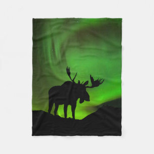 Älg med grönt norrsken, Alaska Fleecefilt