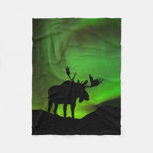 Älg med grönt norrsken, Alaska Fleecefilt (Framsidan)