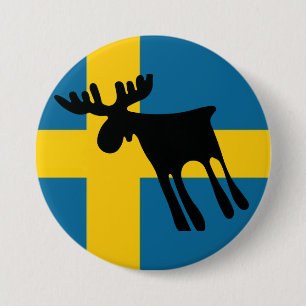 Älg / Moose med Svenska flaggan Knapp