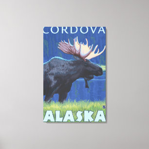 Älg på natten - Cordova, Alaska Canvastryck