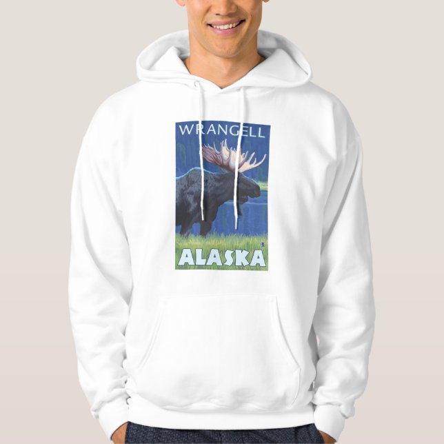 Älg på natten - Wrangell, Alaska Sweatshirt Med Luva (Framsida)