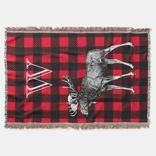 Älg Red and Black Buffalo Randigt - Monogram Filt (Framsidan)