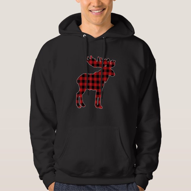 Älg Röd Buffalo Rutig Jul Matchande Pyjamas  Hoodie (Framsida)